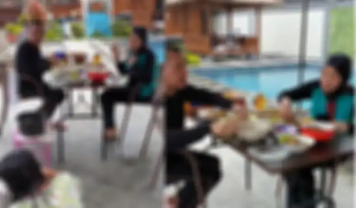 Orang tua Ayu Ting Ting makan bersama di pinggir kolam renang