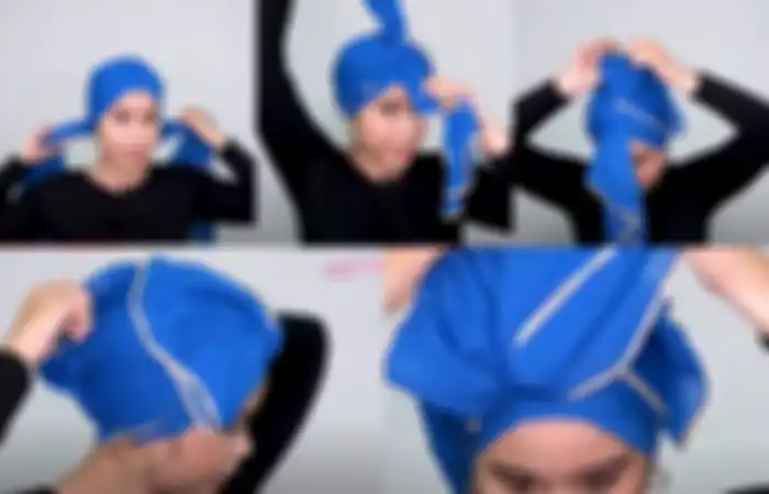 Tutorial gaya turban ala cewekbanget.id, (dimulai dari pojok kiri, searah jarum jam) langkah 1 sampai 5