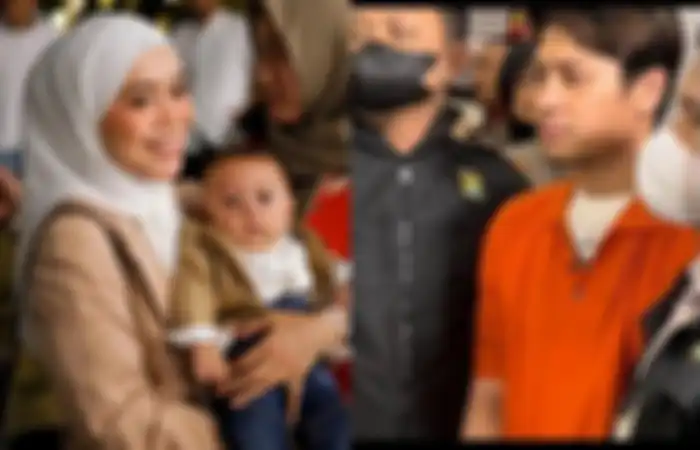 Kolase foto Lesti Kejora dan anaknya beserta Rizky Billar mengenakan baju tahanan 