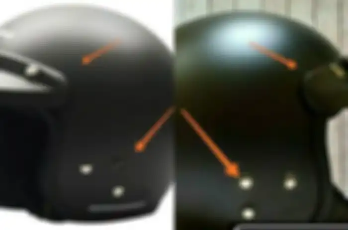 Beberapa bagian penanda helm Cargloss Retro asli (kiri) dengan palsu (kanan)