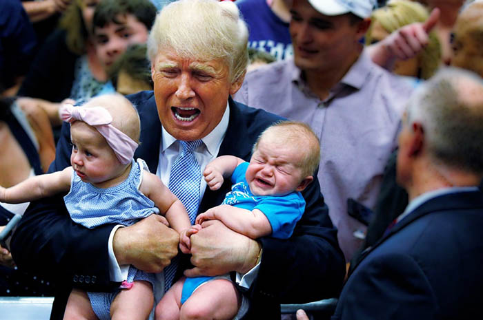 Ilustrasi anak menangis dan Donald Trump