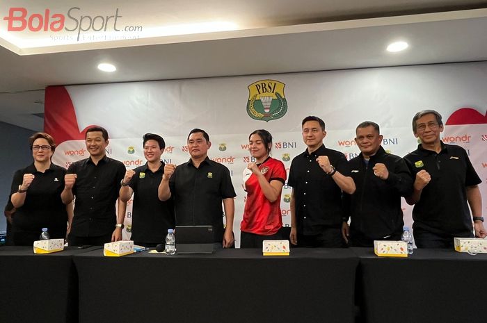 Konferensi pers pembubaran Tim AdHoc PP PBSI yang diselenggarakan di Pelatnas PBSI, Cipayung, kawasan Jakarta Timur, Kamis (15/8/2024).
