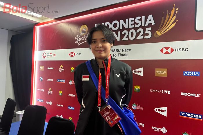 Gregoria Mariska Tunjung saat hadir dalam konferensi pers yang diselenggarakan di sela-sela Indonesia Open 2025 di Senayan, Jakarta, Rabu (4/6/2025).
