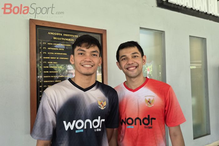Atlet ganda putra bulu tangkis Indonesia, Fajar Alfian dan M. Shohibul Fikri saat ditemui di Pelatnas PBSI, Cipayung, Jakarta Timur, Rabu (6/8/2025).