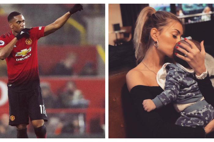 Kolase foto Anthony Martial (kiri) dan Melanie da Cruz yang tengah menggendong baby Swan.