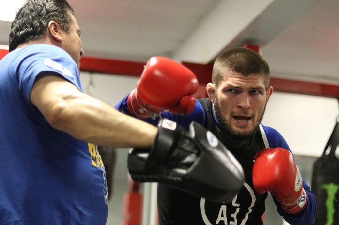 Petarung UFC, Khabib Nurmagomedov, sedang melakukan latihan dengan menggunakan sarung tinju.