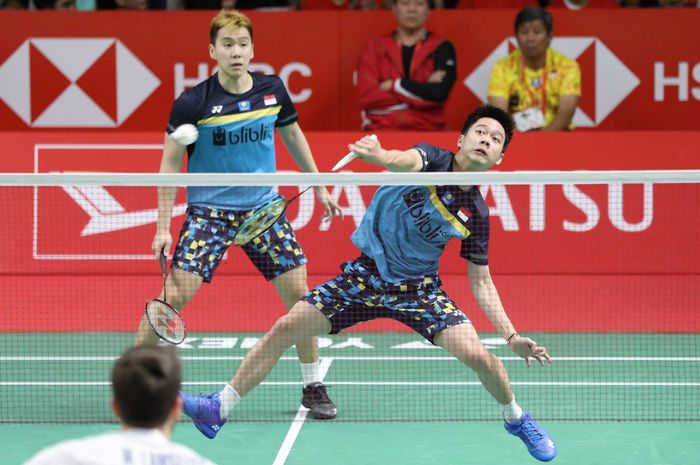 Pasangan ganda putra Indonesia, Marcus Fernaldi Gideon/Kevin Sanjaya Sukamuljo, beraksi.