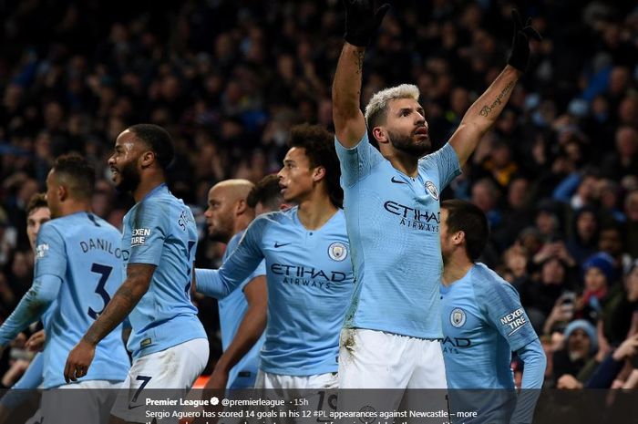 Sergio Aguero mencetak gol kilat Manchester City ke gawang Newcastle United dalam partai Liga Inggris di St James' Park, 29 Januari 2019.