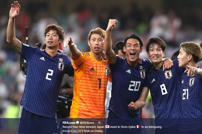 Timnas Jepang menantang Qatar dalam final Piala Asia 2019 di Zayed Sports City Stadium, Abu Dhabi, 1 Februari 2019.