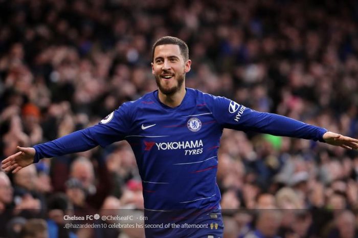 Penyerang sayap Chelsea, Eden Hazard, merayakan gol dalam laga pekan ke-25 Liga Inggris melawan Huddersfield Town FC di Stadion Stamford Bridge, 2 Januari 2019.