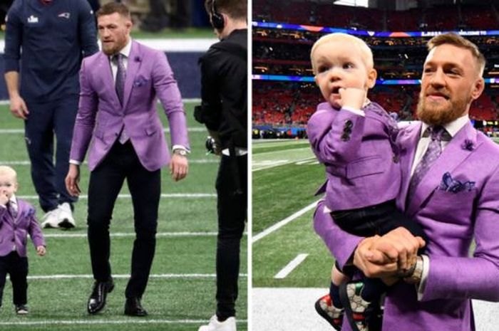 McGregor dan putranya dalam setelan baju ungu saat menonton pertandingan superbowl LIII