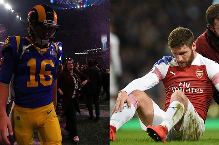 Pemain Los Angeles Rams, Jared Goff (kiri), dan pemain Arsenal, Shkordan Mustafi (kanan).