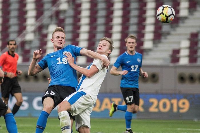 Tristan Koskor saat membela timnas Estonia pada laga uji coba kontra Finlandia, Jumat (11/1/2019).