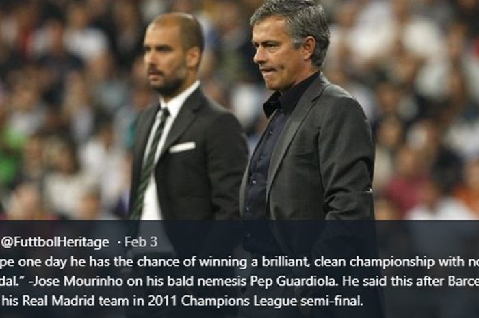 Josep Guardiola (kiri) dan Jose Mourinho (kanan) saat pertandingan leg pertama babak semifinal Liga Champions 2010-2011 antara Real Madrid dan Barcelona di Stadion Santiago Bernabeu, Spanyol, 27 April 2011.