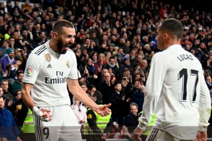 Lucas Vazquez (kanan) merayakan gol Real Madrid ke gawang Barcelona dalam partai Copa del rey di Camp Nou, 6 Februari 2019.