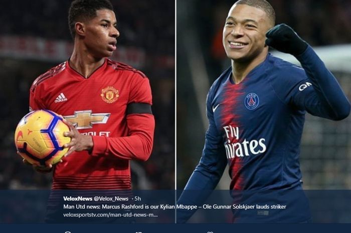 Manajer sementara Manchester United, Ole Gunnar Solskjaer menilai anak didiknya Marcus Rashford setara dengan bintang PSG, Kylian Mbappe.