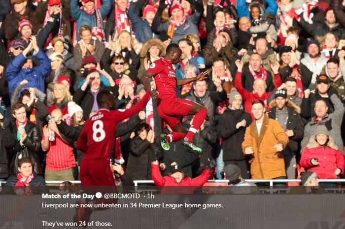 Sadio Mane merayakan gol untuk Liverpool ke gawang Bournemouh, 9 Februari 2019.