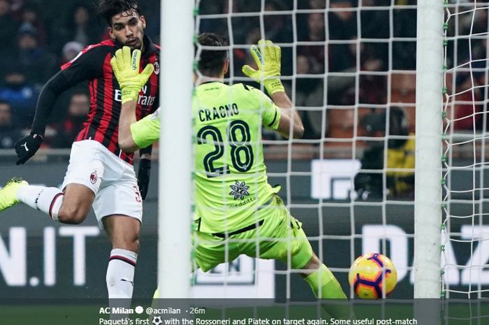 Gelandang AC Milan, Lucas Paqueta, mencetak gol dalam pertandingan melawan Cagliari di Stadion San Siro pada pekan ke-23 Liga Italia 2018-2019, Senin (11/2/2019).