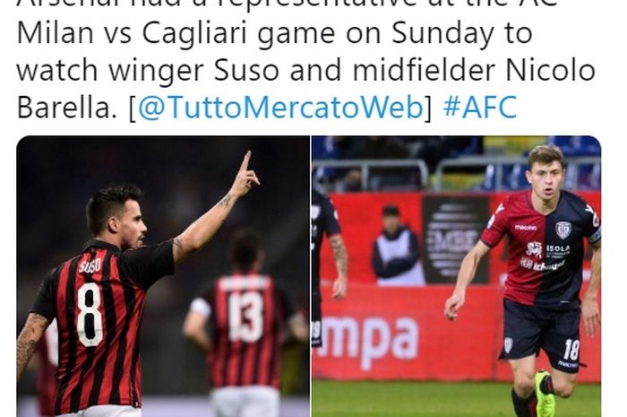 Pemain sayap AC Milan, Suso dan gelandang Cagliari, Nicolo Barella dikabarkan masuk dalam radar Arsenal sebagai antisipasi hengkangnya Ramsey ke Juventus.