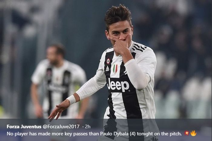 Penyerang Juventus, Paulo Dybala, mendapat pujian dari sang pelatih Massimiliano Allegri berkat penampilan cemerlangnya saat melawan Frosinone, Jumat (15/2/2019).