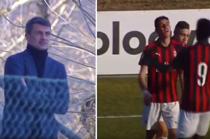 Mantan kapten AC Milan, Paolo Maldini, menyaksikan putranya, Daniel, yang beraksi dan mencetak gol untuk tim primavera saat melawan Genoa pada Minggu (18/2/2019).