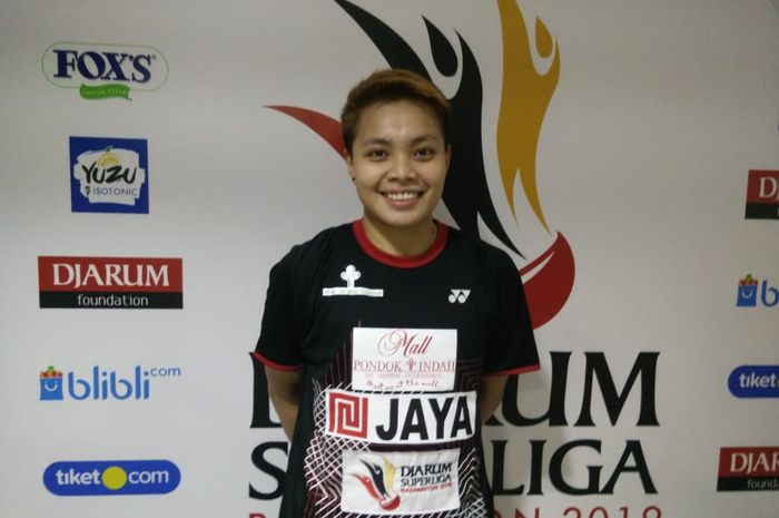 Pebulu tangkis ganda putri Indonesia, Apriyani Rahayu (Jaya Raya) berpose setelah menjalani laga melawan Samurai Japan Reptiles, Selasa (19/2/2019).