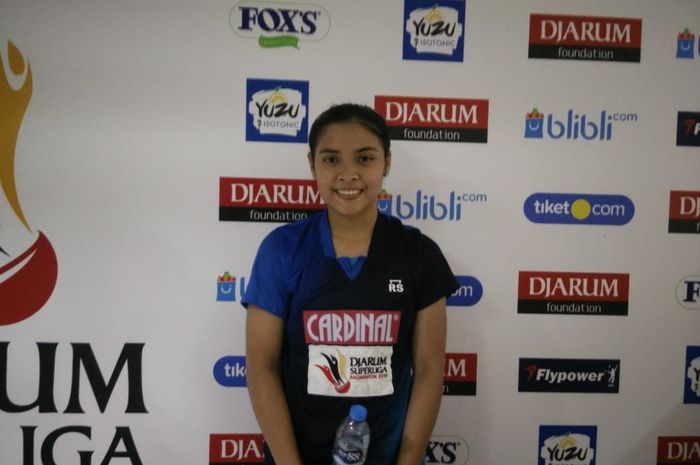 Pebulu tangkis tunggal putri Mutiara Cardinal, Gregoria Mariska Tunjung, berpose setelah menjalani laga melawan Granular pada Djarum Badminton Superliga 2019 di GOR Sabuga, ITB, Bandung, Selasa (19/2/2019).