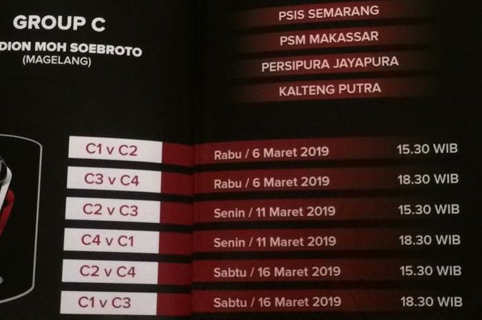 Hasil pengundian untuk Grup C Piala Presiden 2019 yang diisi tuan rumah PSIS Semarang, Persipura Jayapura, PSM Makassar, dan Kalteng Putra. 