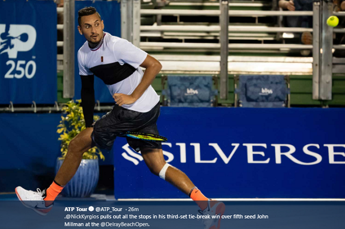 Nick Kyrgios (Australia) saat menghadapi rekan senegaranya, John Millman, di babak pertama Delray Beach Open 2019, Florida, Senin (18/2/2019).