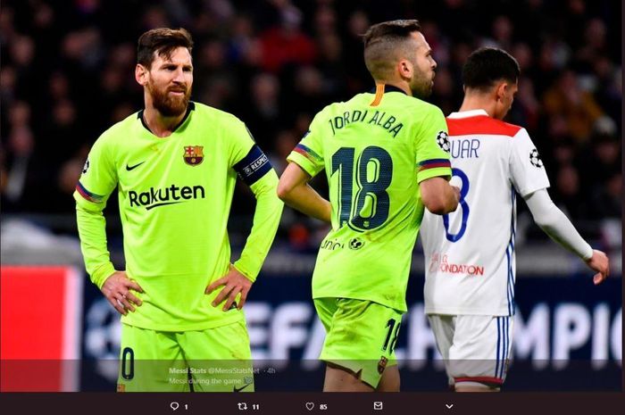 Ekspresi megabintang Barcelona, Lionel Messi, dalam partai Liga Champions kontra Lyon di Parc Olympique Lyonnais, 19 Februari 2019.