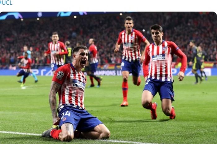 Bek Atletico Madrid, Jose Gimenez, merayakan gol yang dicetak ke gawang Juventus dalam laga leg pertama babak 16 besar Liga Champions di Stadion Wanda Metropolitano, Rabu (20/2/2019).