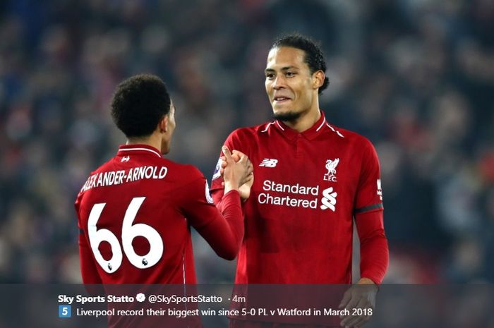 Bek Liverpool, Virgil van Dijk memberikan ungkapan terima kasih kepada Trent Alexander-Arnold berkat assistnya yang membuat dirinya mampu mencetak dua gol.