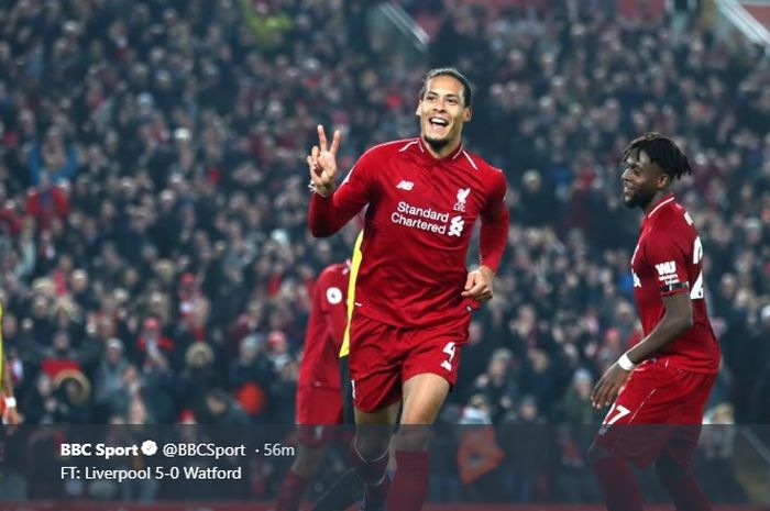 Virgil van Dijk sukses mengemas dua gol kala membantu Liverpool menghancurkan Watford di Anfield lima gol tanpa balas.