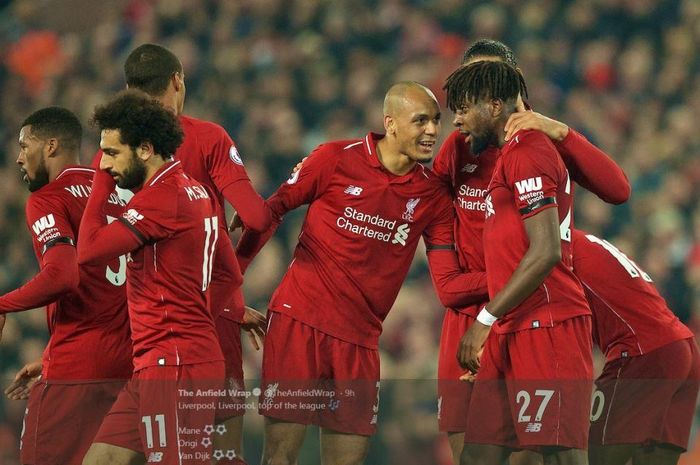 Para pemain Liverpool merayakan gol mereka ke gawang Watford dalam partai Liga Inggris di Anfield, 27 Februari 2019.