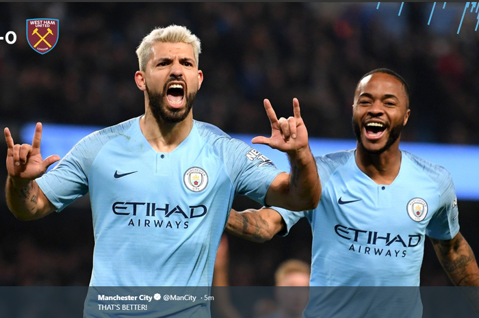 Sergio Aguero (kiri) dan Raheem Sterling (kanan) saat merayakan gol untuk Manchester City.