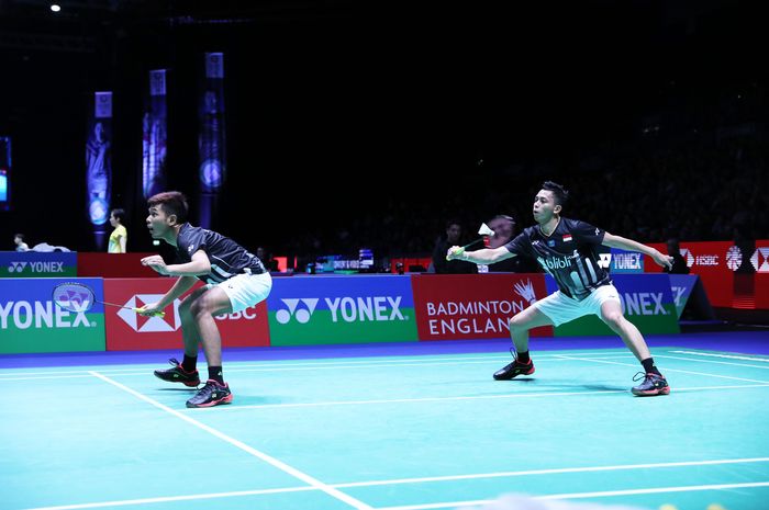 Pasangan ganda putra Indonesia, Fajar Alfian/Muhammad Rian Ardianto, berlaga pada babak 16 Besar All England Open 2019 di Birmingham, Inggris, Kamis (7/3/2019).