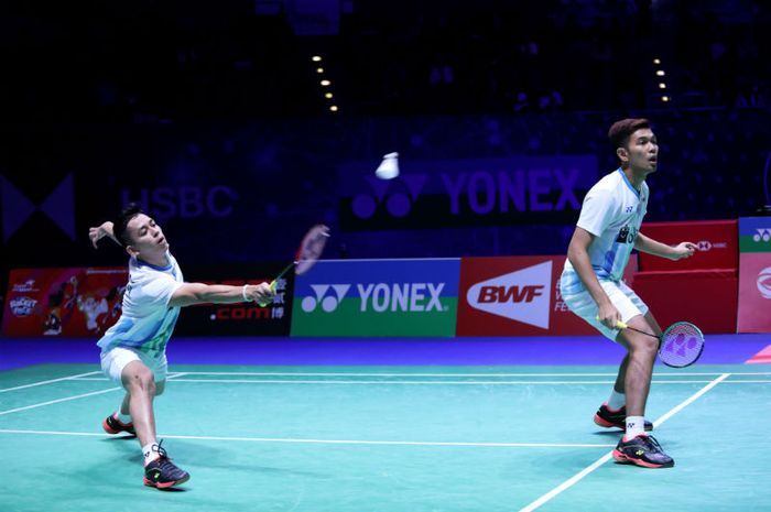 Pasangan ganda putra Indonesia, Fajar Alfian/Muhammad Rian Ardianto, bertanding melawan Goh V Shem/Tan Wee Kiong (Malaysia) pada babak perempat final All England Open 2019, Jumat (8/3/2019).