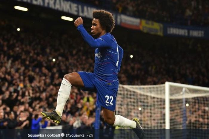 Winger Chelsea, Willian Borges, merayakan golnya dalam laga leg I babak 16 besar Liga Europa versus Dynamo Kyiv di Stadion Stamford Bridge, 7 Maret 2019.