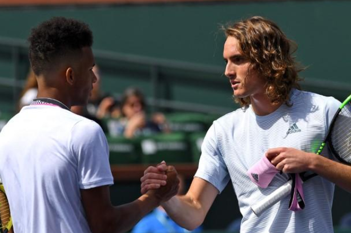 Petenis putra asal Yunani, Stefanos Tsitsipas, kalah atas Felix Auger-Aliassime (Kanada) pada babak kedua Paribas Open 2019, Sabtu (9/3/2019).