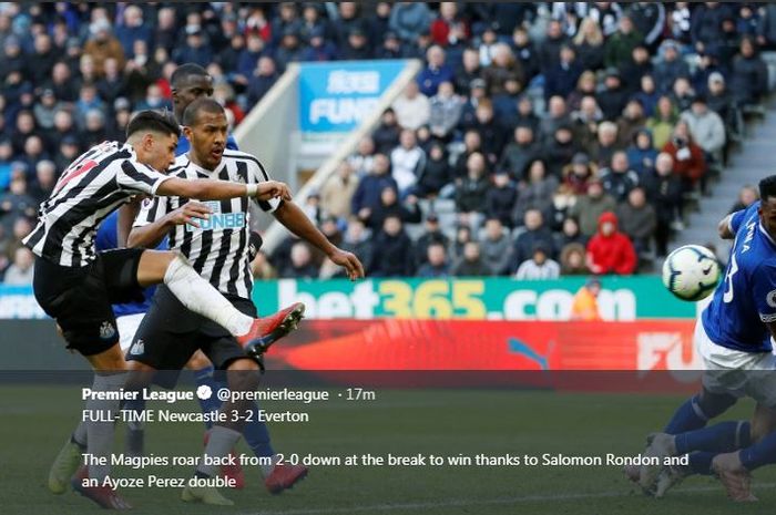 Newcastle United menekuk Everton dalam partai Liga Inggris di St James' Park, 9 Maret 2019.