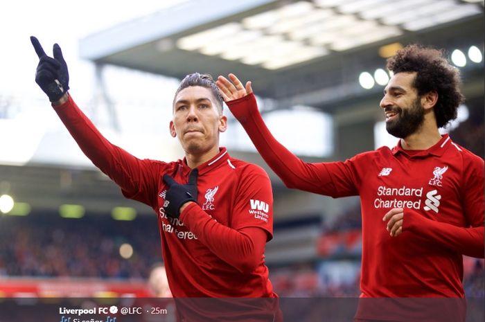 Selebrasi Firmino Seusai cetak gol kedua saat LIverpool melawan Burnley