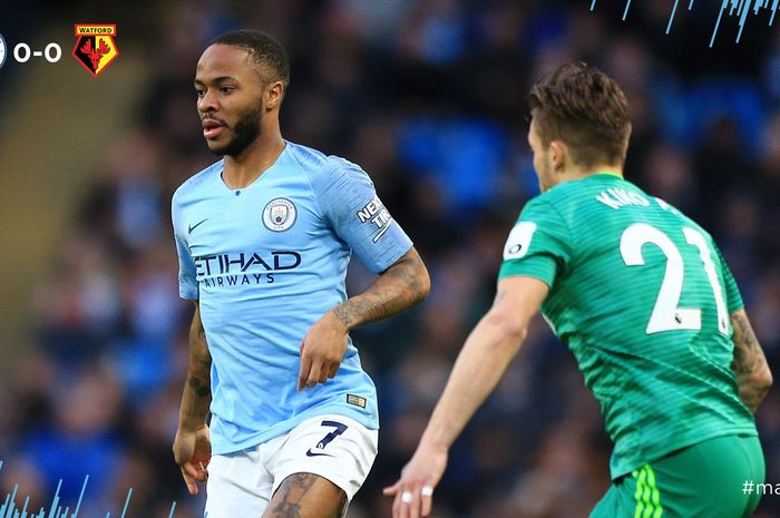 Raheem Sterling beraksi membela Manchester City menghadapi Watford, 9 Maret 2019.