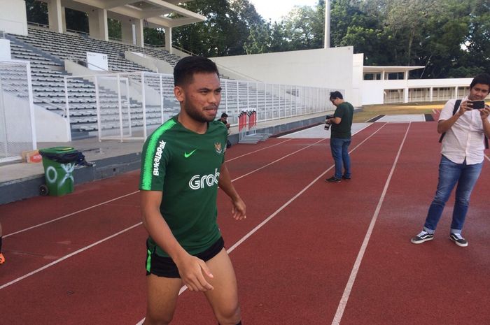 Penyerang timnas U-23 Indonesia, Saddil Ramdani dalam sesi latihan di Stadion Madya, Senayan, Jakarta, Senin (11/3/2019) sore. 