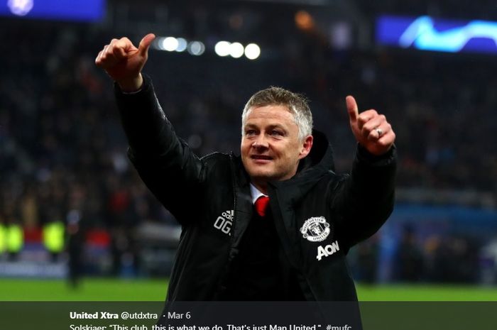 Pelatih interim Manchester United, Ole Gunnar Solskjaer saat merayakan kelolosan timnya ke perempat final Liga Champions di Parc des Princes