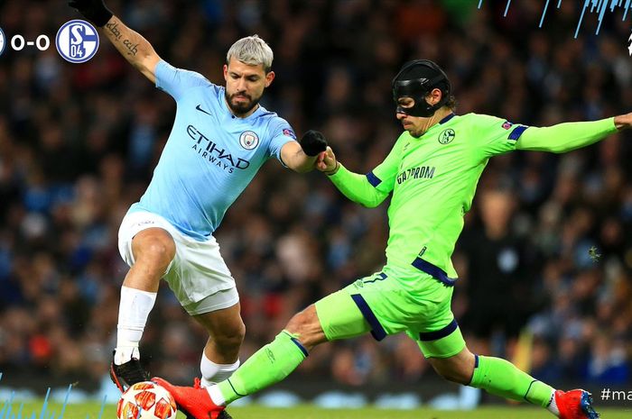 Striker Manchester City, Sergio Aguero, beraksi dalam laga leg kedua babak 16 besar Liga Champions kontra Schalke 04 di Stadion Etihad, 12 Maret 2019.