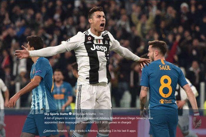 Ekspresi Cristiano Ronaldo setelah mencetak gol Juvetus ke gawang Atletico Madrid dalam partai Liga Champions, 12 Maret 2019.