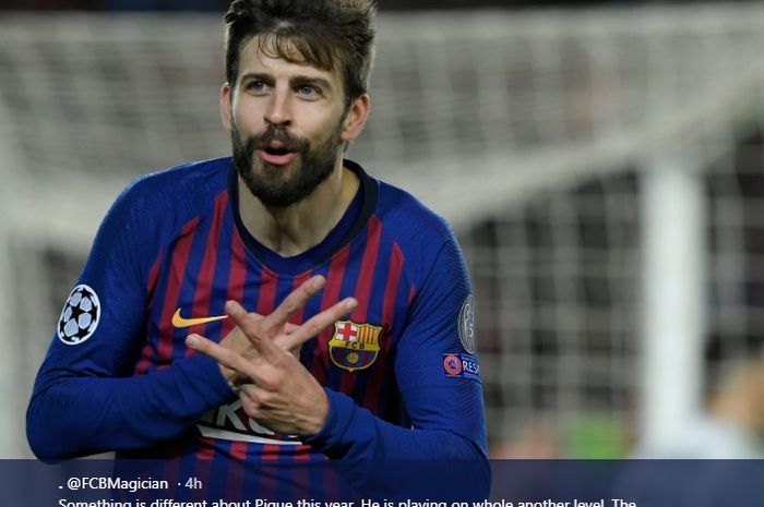 Bek tengah Barcelona, Gerard Pique, melakukan selebrasi setelah membobol gawang Olympique Lyon pada leg kedua 16 besar Liga Champions di Camp Nou