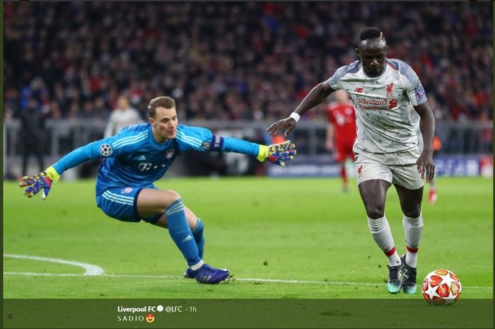 Penyerang Liverpool, Sadio Mane, menjebol gawang Bayern Muenchen dalam leg kedua babak 16 besar Liga Champions di Allianz Arena, Rabu (13/3/2019).