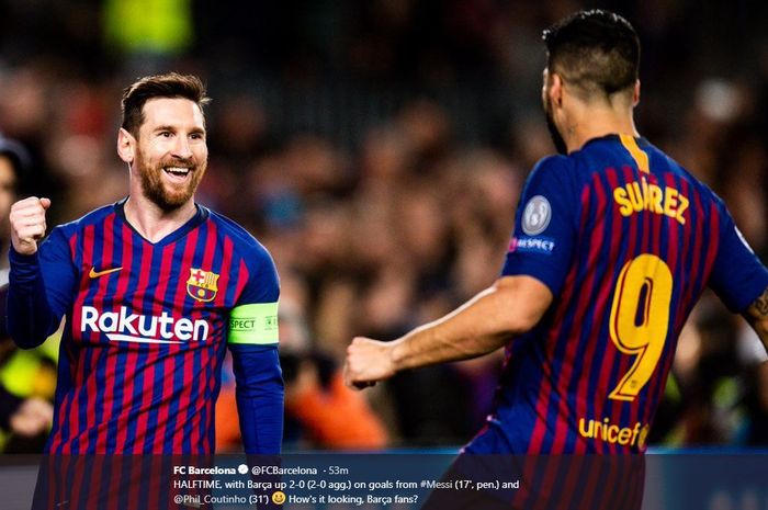 Megabintang Barcelona, Lionel Messi (kiri), merayakan golnya bersama Luis Suarez dalam laga leg kedua babak 16 besar Liga Champions melawan Olympique Lyon di Stadion Camp Nou, Rabu (13/3/2019).