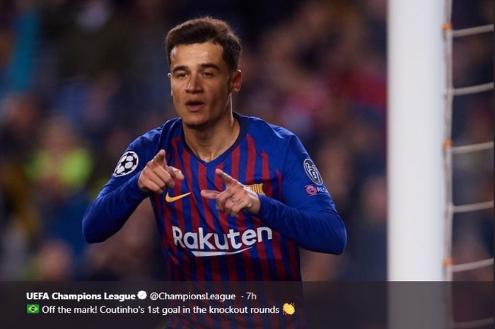 Gelandang serang Barcelona, Philippe Coutinho turut menyumbang satu gol kemenangan Barcelona atas Olympique Lyon di Camp Nou, Rabu (13/3/2019).